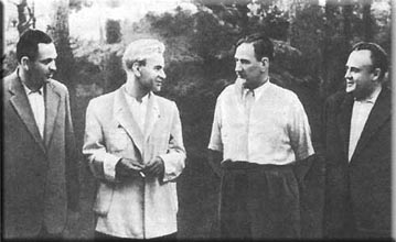 Слева направо: В.П.Мишин, М.В.Келдыш, И.В.Курчатов и С.П.Королев
