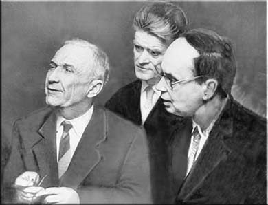 Слева направо: Лауреты Нобелевской премии по физике, академики И.Е. Тамм, П.А. Черенков и И.М. Франк